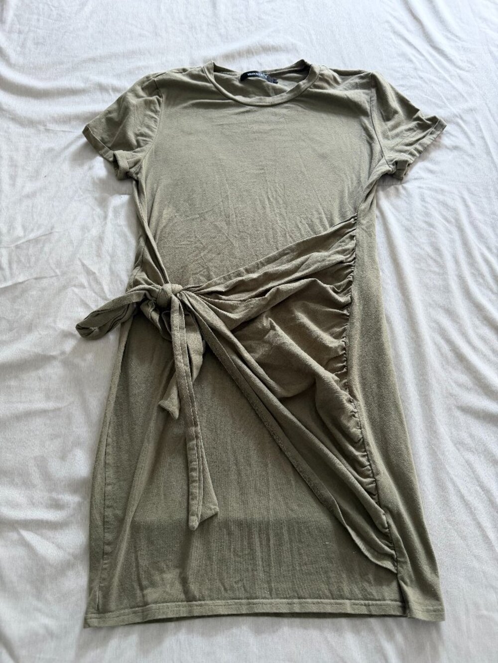 Women Short Sleeve Crew Neck Dress Tie Waist Ruched Bodycon Mini Dress - Size L